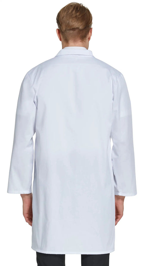 Back view of Professional Lab Coat For Men And Women Long Sleeve White Unisex Size Large Durable Cotton Polyester Blend Soft Yet Tough.