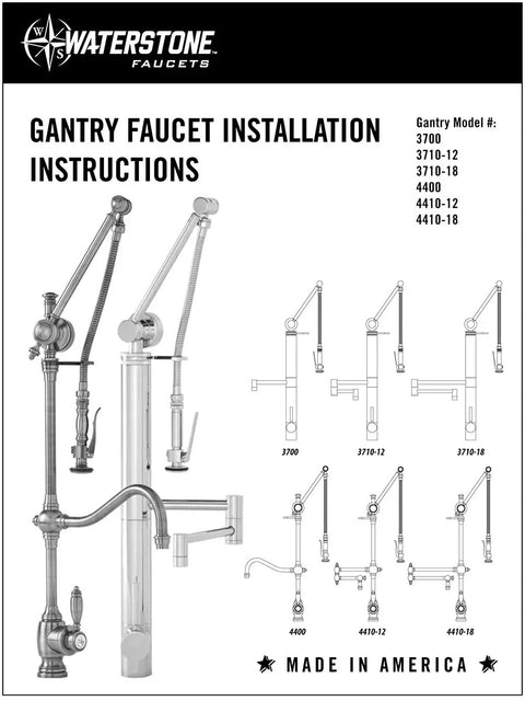 Gantry faucet installation instructions showing models 3700, 3710, 4400 in detail for a contemporary kitchen setup.