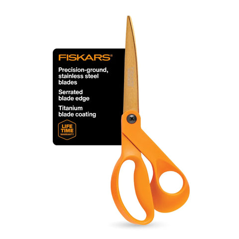 Titanium Coated Workhorse Shop Shears For All Purpose Yard And Garden Cutting, 9 Inch Serrated Blades with bright orange handle