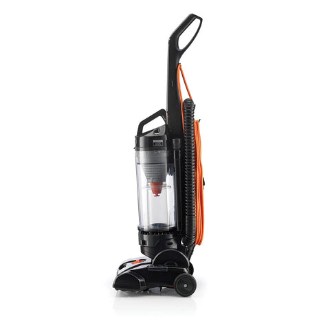 Hoover Commercial TaskVac Bagless Upright Vacuum Cleaner Lightweight 15 Pounds side view with transparent dust cup and orange cord.