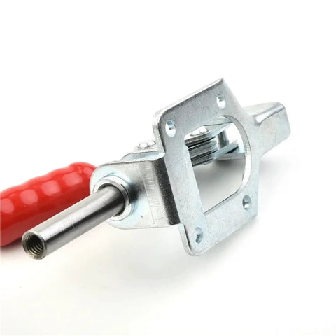 Close-up of 2 Pack Quick Release Toggle Clamp Set For Woodworking And Welding, Push Pull Vertical Latch Clamps, metal and red grip
