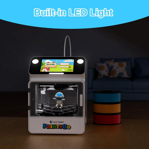Next Level Mini 3D Printer For Kids With Auto Leveling And Hella Safe Kid Friendly Frame Plus Five Inch Touch Screen and built-in LED light.