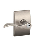 Accent Lever With Century Trim Keyed Entry Lock In Satin Nickel, Reversible For Left Or Right Swing Doors, Self Aligning Screw Holes For No Brainer Install With A Phillips Screwdriver, Exterior Key Access.