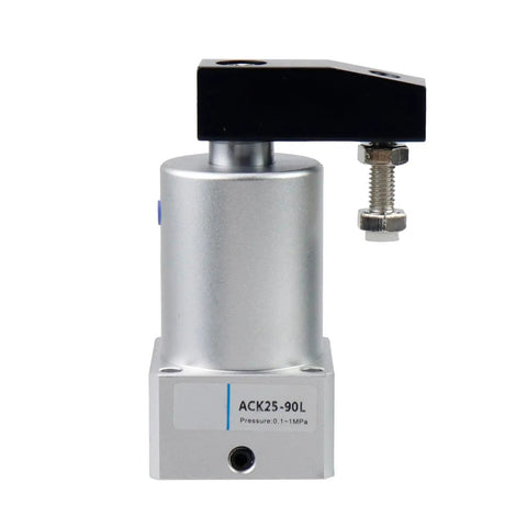 Left Turn Pneumatic Rotary Cylinder With 90 Degree Rotation Aluminum Alloy Double Acting Air Cylinder For Fast Labor Saving Clamping And Positioning ACK25x90L 1 Piece, silver and black, side view.