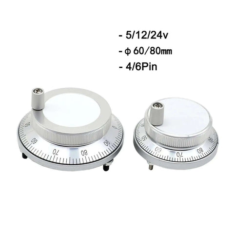 Two Pulser Handwheel For CNC Machines With 24V 4Pin 100PPR 60mm Rotary Encoder showing voltage and size options.