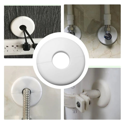 Foolproof Wall Split Flange For One Inch Pipe Cover White Abs Plastic Workhorse Grade Heavy Duty Crack Resistant Pipe Trim Four Pack Wall Hole Shield No Drama Setup displayed in various installations around pipes and cords.