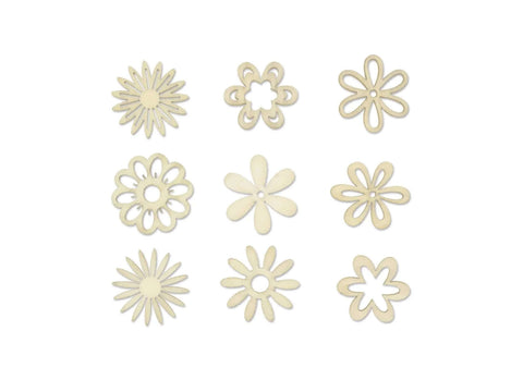 Mini laser-cut wood flower shapes, 9 pieces shown, 1-inch across, natural wood color