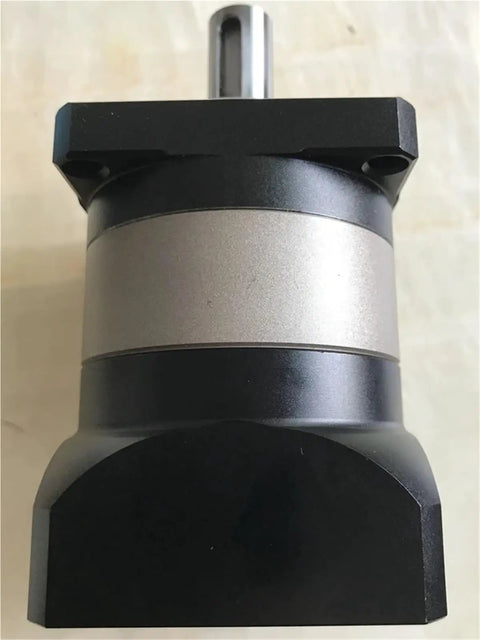 Plf090 Planetary Gearbox Reducer With Seven Arcmin Backlash And Ratios Spanning Three To Fifty One mounted on Nema 34 stepper motor.