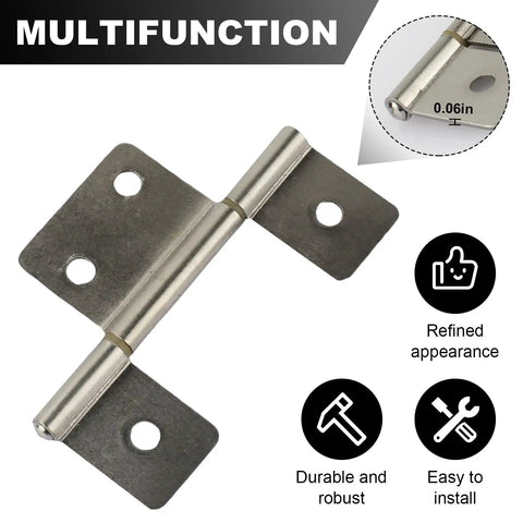 Triple Leaf Surface Mount Cabinet Hinges, Satin Nickel Finish With Quick Install Hardware Kit, Heavy Duty Non Mortised Bifold Door Hinges For RV And Mobile Homes, Smooth As Butter 360 Turn, shown from side angle.