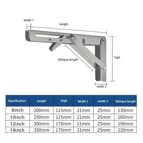 Heavy Duty Stainless Steel Folding Shelf Brackets Set - Collapsible Wall Mount L-Table Hinges, 12 inch, detailed measurements