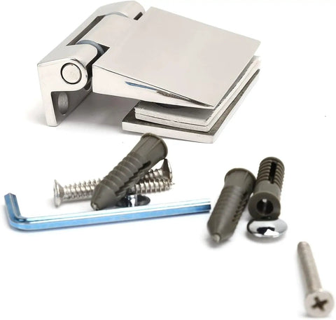 Top Shelf Heavy Duty Frameless Glass Door Hinges Constructed From Premium Corrosion Resistant 304 Stainless Steel with screws and tools.