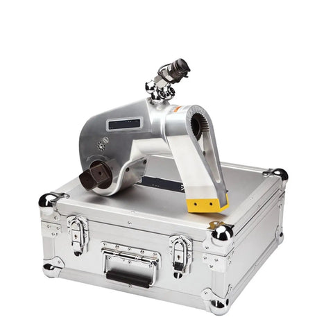 Heavy Duty Hydraulic Torque Wrench 20MXTA 700 Bar Square Drive Tool Built Tough resting on a silver storage case.