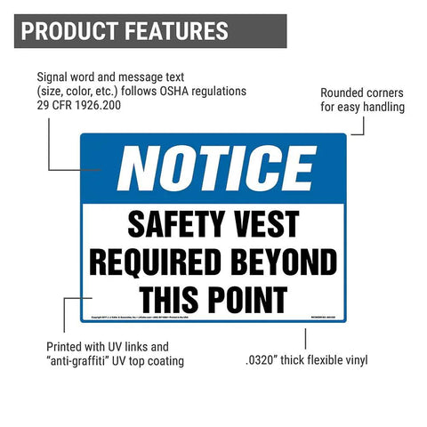 Notice Safety Vest Required Beyond This Point Aluminum Sign 14 By 10 Inches With Rounded Corners For Indoor Outdoor Use OSHA Compliant Workplace Safety Notice