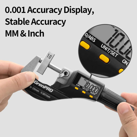 Hands using Pro Grade Digital Micrometer Measuring Tool For Precision Inch And Metric Thickness With 0.00005 In 0.001 Mm Accuracy.