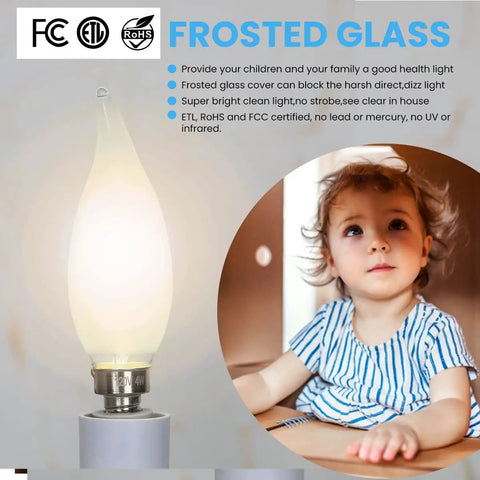 E12 LED Candelabra Bulb 5000K Daylight Dimmable 40W Equivalent Frosted Finish with child in background, ideal for indoor use.