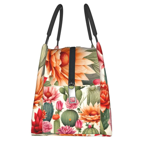Desert Cactus Flowers Insulated Lunch Bag For Women And Men with cactus and flower print, front view