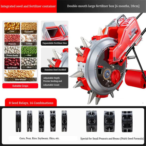 Hand Push Garden Seeder And Seed Sower With Fertilizer Applicator Manual Row Crop Planter, featuring six hopper ports and seed details