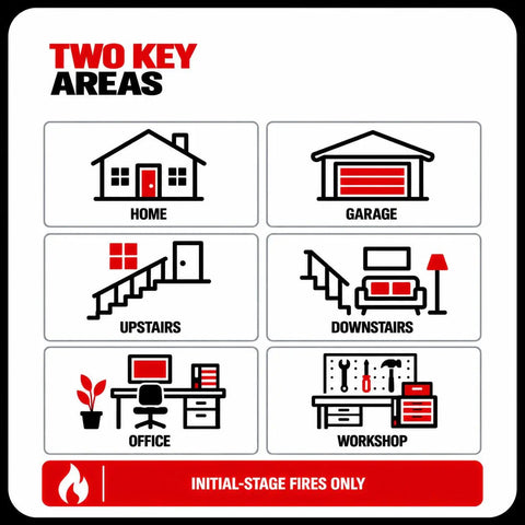 Infographic showing key areas for fire safety: Home, Garage, Upstairs, Downstairs, Office, and Workshop for quick access to safety gear.