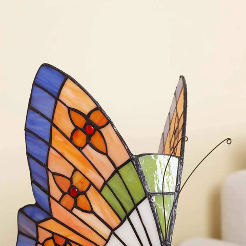 Close-up of Butterfly Tiffany Style Stained Glass Accent Table Lamp Night Light For Living Room And Bedside Decor, 10 Inch Tall, E12 LED