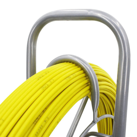 Close-up of the 4.5mm 350ft Fiberglass Duct Rodder Fish Tape With Steel Reel Stand For Easy Cable Runs, heavy-duty cable puller.