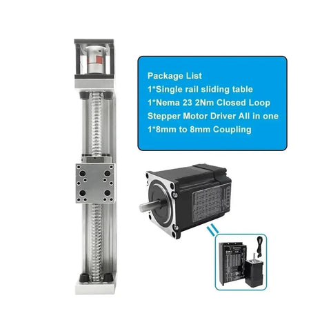 Top Shelf 60mm Wide X Y Z Axis Linear Actuator Stage Driven By Nema 23 Servo Motor And Sfu1605 Ball Screw Featuring 57mm Linear Rail Guide 2Nm Torque Kit For Smooth Rig Ready Precision Moves showing single rail sliding table and Nema 23 stepper motor.