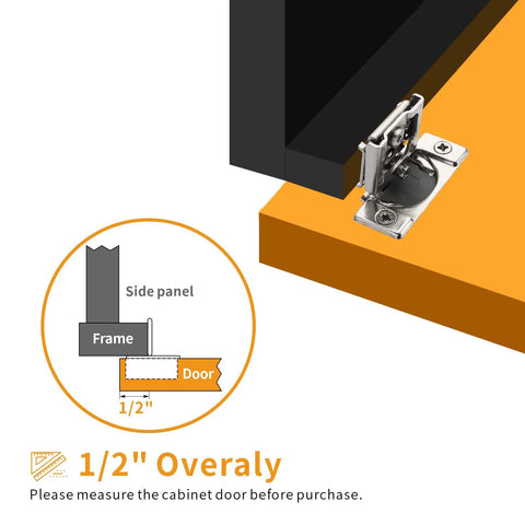 Diagram of 20 Pack Half Inch Overlay Concealed Hinges for Face Frame Cabinets, showing hinge on cabinet with side panel illustration.