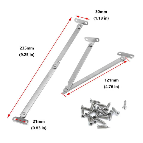 Heavy Duty Built To Last Folding Lid Support Hinge 180 Degree Rotatable Open Stay For Cabinets Windows Or Doors Silver Tone Metal Mount 4 Pack With Screws Easy Install Keeps Lids Open Smoothly And Safe, shown with dimensions and screws.