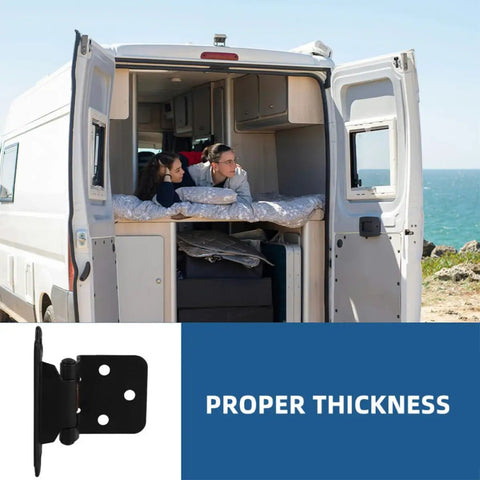 Open RV with Tough As Nails Heavy Duty Self Closing Spring Door Hinges For RVs And Cabinets beside text 'Proper Thickness'.