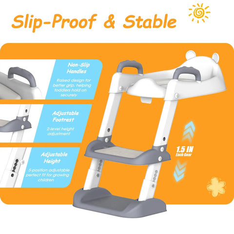 No Stress Toddler Potty Training Seat With Built In Step Stool Ladder And Heavy Duty Safety Handles Real Game Changer Featuring Super Adjustable Height Settings And Quick Fold Flat Storage In Modern Grey close-up showing adjustable footrest and handles.