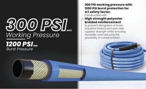 300 PSI Lightweight Half Inch 100 Foot Rubber Air Hose With 300 PSI, showing high-strength polyester braid and hose details