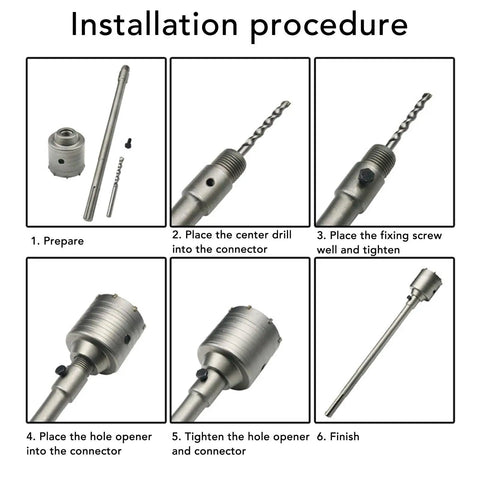 Concrete Hole Saw Kit With Tungsten Steel YG8C Alloy Triple Tooth Design, Ventilation Holes For Quick Drilling Through Hollow Bricks, Cement Walls And Concrete, Universal Hammer Drill Compatible installation steps shown