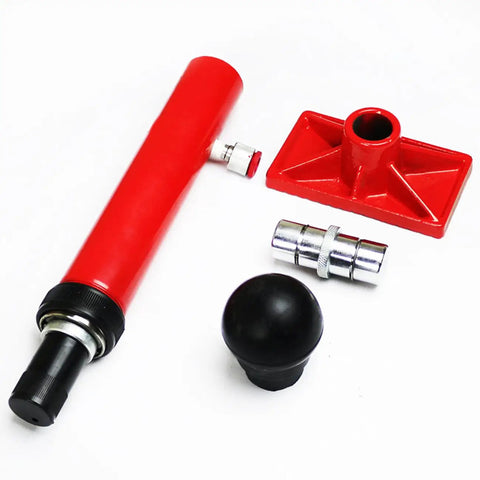 10 Ton Portable Hydraulic Porta Power Kit With Wheel Heavy Duty Hand Pump Ram And Spreader Set components including red ram and accessories.