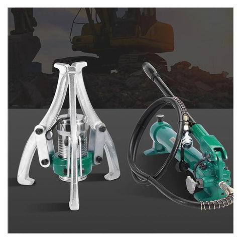 Heavy Duty Split Hydraulic Puller Boasting Three Grippy Jaws For Snagging Stubborn Bearings And Hubs, aluminum and green hydraulic puller set.