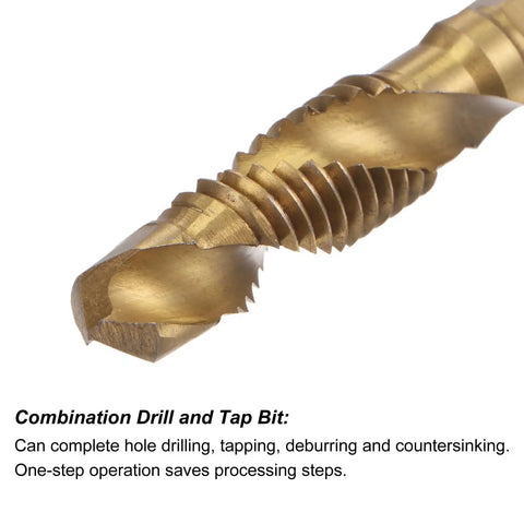 Close-up of Combo Drill And Tap Bit Set One Quarter Inch Hex Shank M8 By One Point Two Five Metric Titanium Coated.
