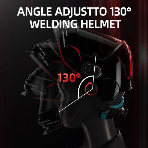 Side view of Top Notch Panoramic Welding Helmet With True Color View Solar Powered Auto Darkening Shield at 130-degree angle.
