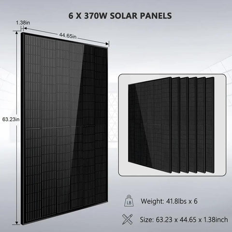 6500W Off Grid Solar Power Kit With 6x370W Mono Panels, dimensions 63.23 x 44.65 x 1.38 inches, weight 41.8lbs each