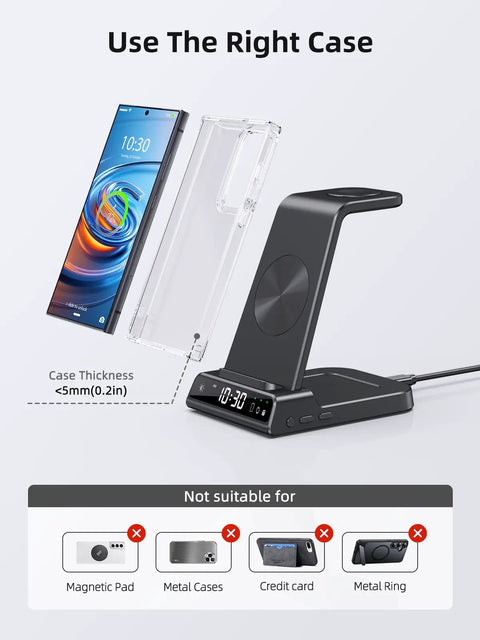 All In One 3 In 1 Wireless Charging Stand With Dimmable Clock And Nightstand Organizer For Galaxy Phones shown with phone case