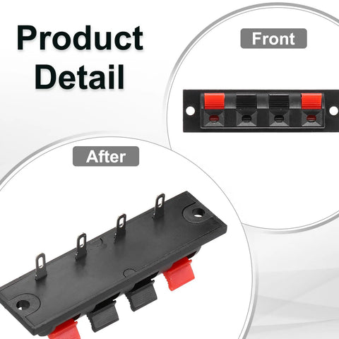 Four Way Spring Terminal Clip Push Release Connector Plate For Speaker Terminals And Terminal Strips Blocks Test Clip Red And Black Polarity Coding 64mm Long 18mm Wide 23mm High 58mm Mounting WP4-7 5Pcs front and side view