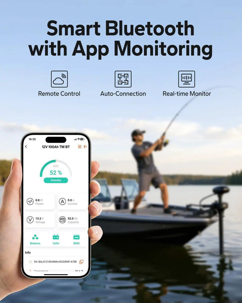 Trolling Motor LiFePO4 Battery 12V 100Ah with Bluetooth Monitoring app interface in hand, fisherman on boat in background.