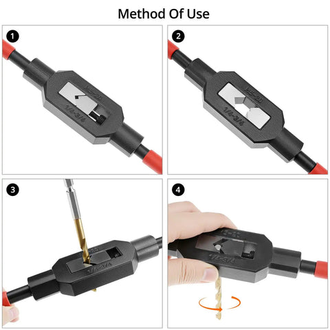 Adjustable Tap Wrench Set Four Pack Ratcheting Tap Handles for tapping and reaming step-by-step use with drill bit insertion