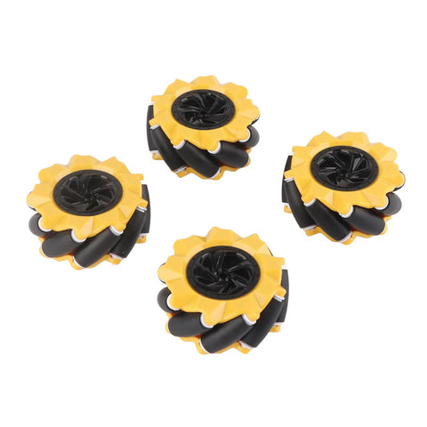 Mecanum Wheel Set for DIY Robot Cars in yellow and black, two pairs of 80mm wheels for omni-directional movement and precise drifting.