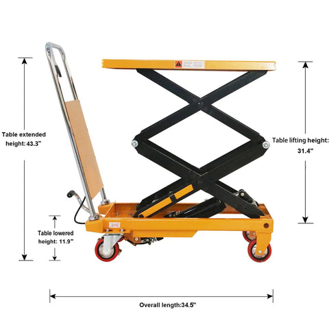 Heavy Duty Manual Scissor Lift Cart With Solid Hydraulic Base For Smooth Job Site Hustle And Garage Transport Easy Foot Pedal Operation Handles Three Hundred Thirty Pounds Like A Champ with extended height dimensions.
