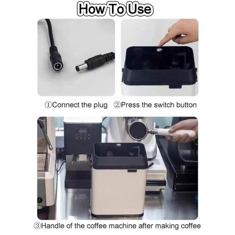 Heavy Duty Electric Coffee Portafilter Knock Box, Automatic Barista Cleanup Station using plug connection and switch.