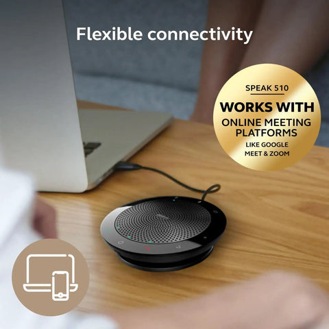Speak 510 Portable Conference Speaker near laptop for meetings and calls with USB or Bluetooth connectivity