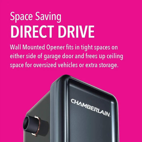 Slick Wall Mounted Smart Garage Door Opener With Rock Solid Battery Backup Ultra Silent Direct Drive Motor showing compact design for tight spaces.