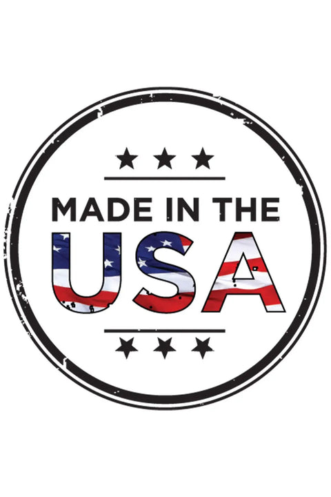 Circular logo with 'Made in the USA' text and American flag pattern in the letters.