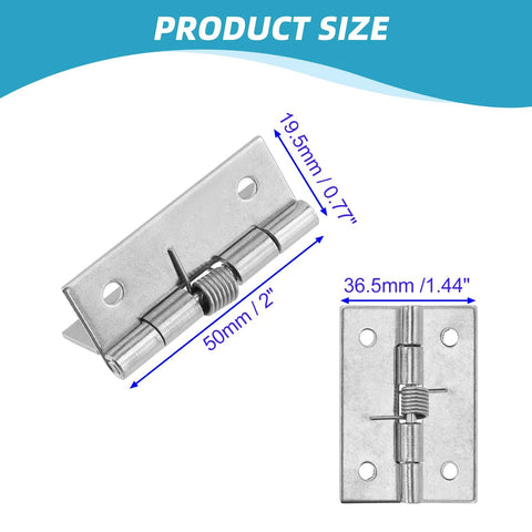 Rannb self-opening stainless steel door hinge, 2-inch length, pack of 4; side and installed views.