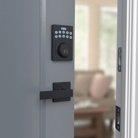Contemporary Electronic Keypad Door Lock With Matte Black Hardware Designed For Hassle Free Keyless Entry Deadbolt Installation And Rock Solid Home Protection on a gray door.