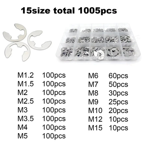 585 And 1005 Piece M1.2 To M15 External Retaining Ring Kit Black 65Mn And 304 Stainless Steel Snap Circlips E Clips Washers