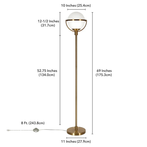 Globe And Stem Floor Lamp With White Glass Shade In Blackened Bronze For Living Rooms, Bedrooms, Or Offices, Tall 68 Inch Modern Glam Lighting Fixture With Soft Diffused Light, measures 69 inches tall with dimensions shown.